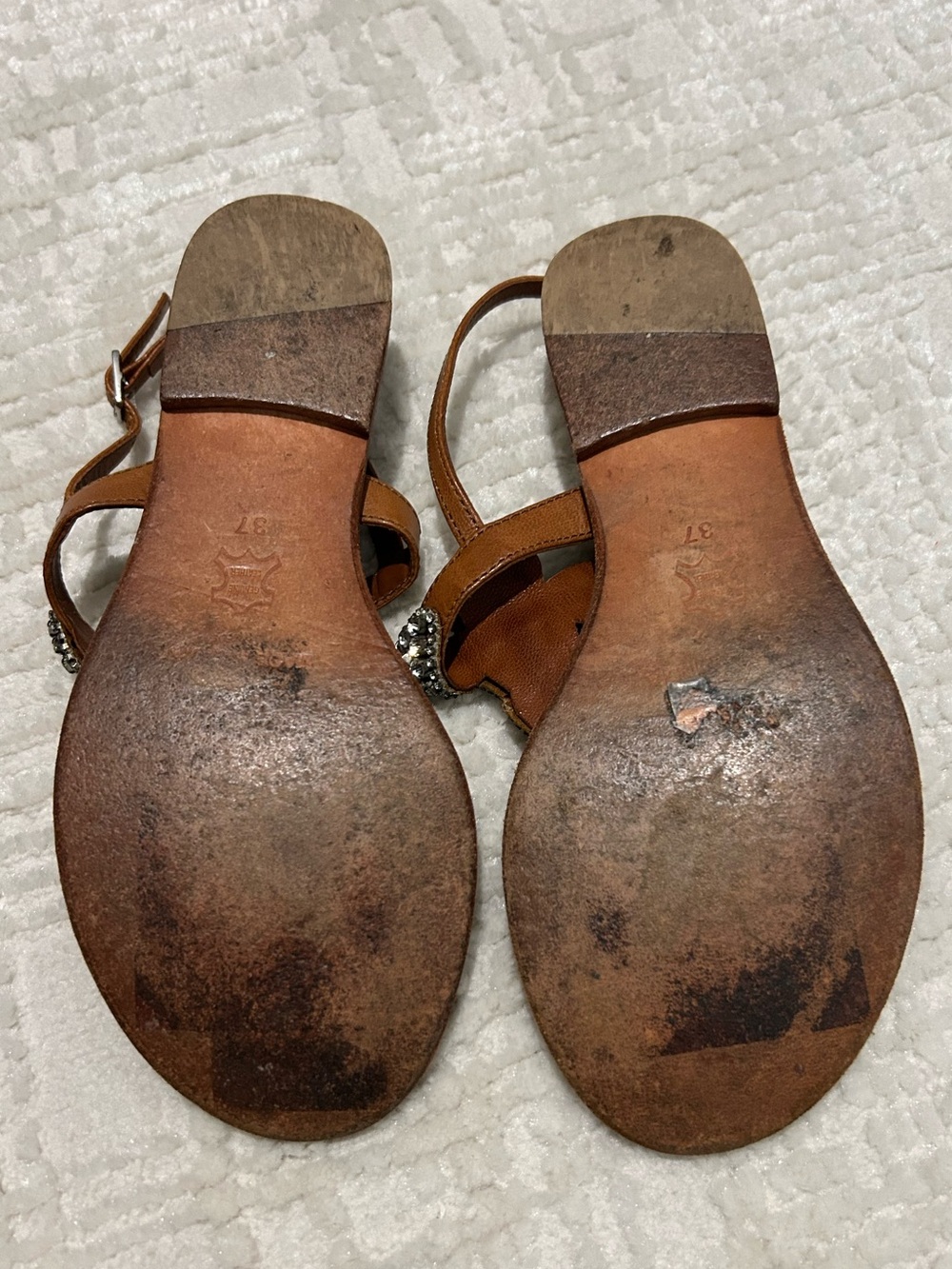 Antik Batik Brown Leather Jeweled T-Strap Sandals - Picture 3 of 4
